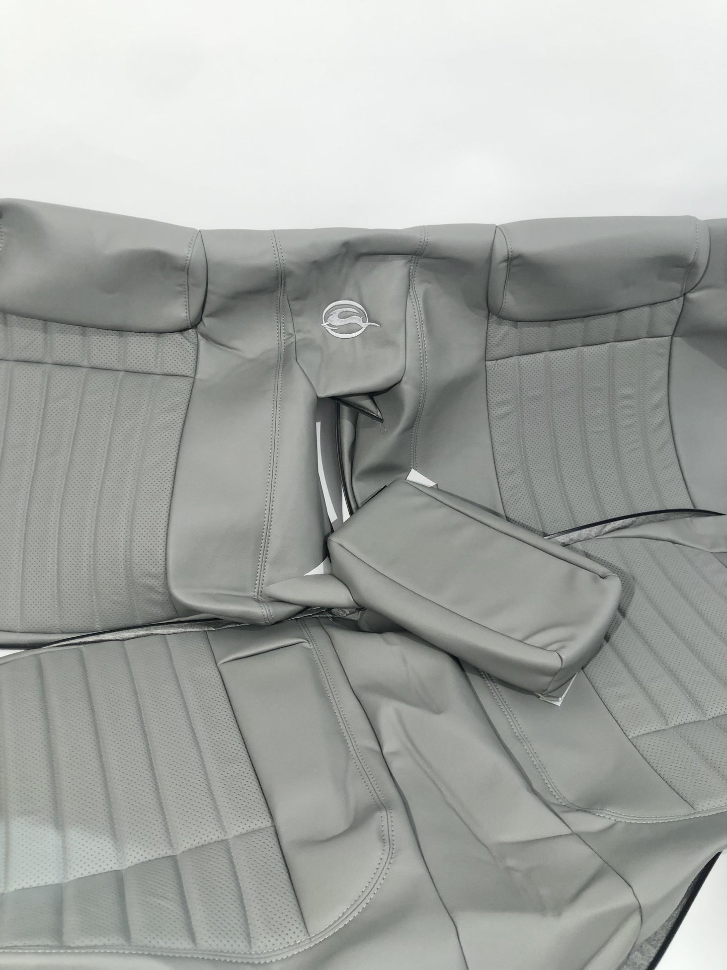 94-96 Impala SS Leather Front Buckets & Rear Bench Seat w/Perforation: 'OE-Style', Stock Gray w/Silver Embroidery