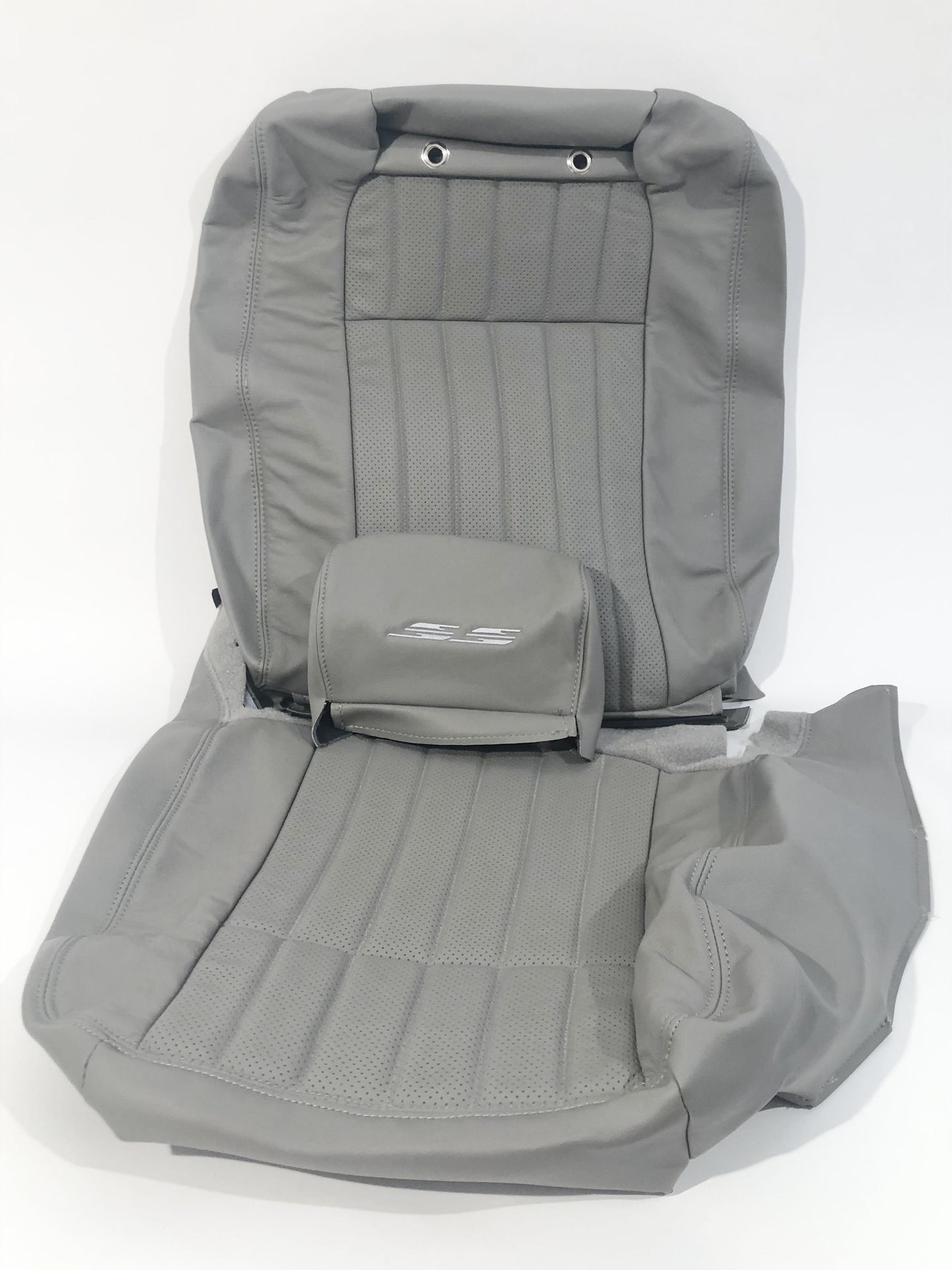 94-96 Impala SS Leather Front Buckets & Rear Bench Seat w/Perforation: 'OE-Style', Stock Gray w/Silver Embroidery