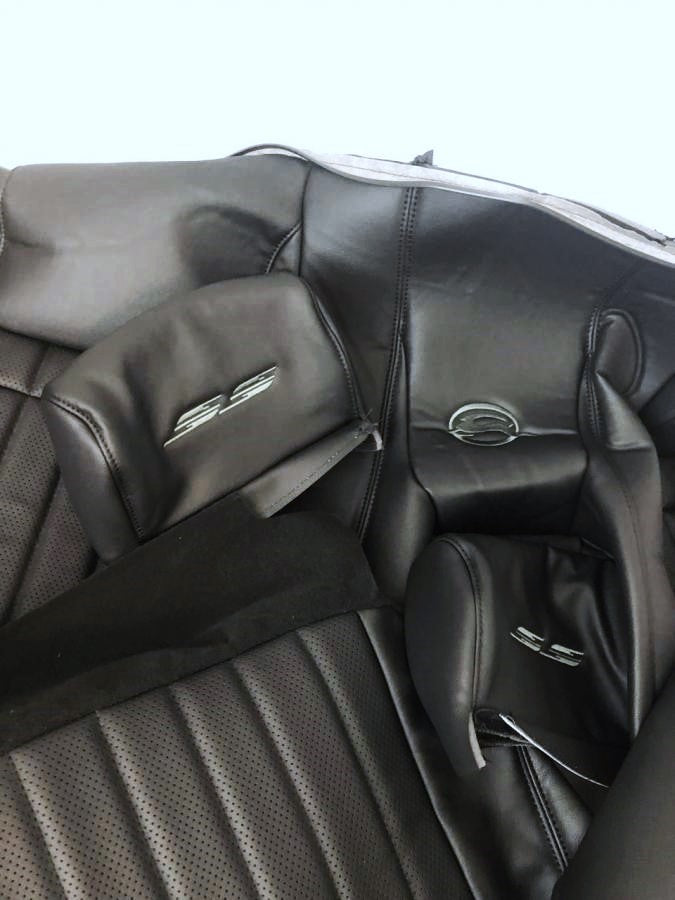 94-96 Impala SS Leather Front Buckets & Rear Bench Seat w/Perforation: Black w/Embroidery