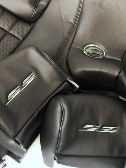 94-96 Impala SS Leather Front Buckets & Rear Bench Seat w/Perforation: Black w/Embroidery